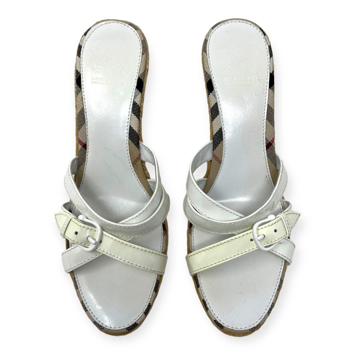 Burberry Nova Check Plaid White Patent Leather Wedge Sandals