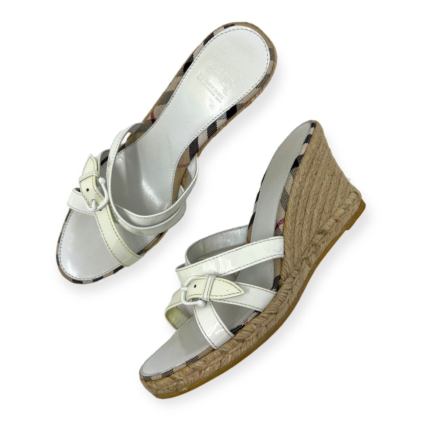 Burberry Nova Check Plaid White Patent Leather Wedge Sandals