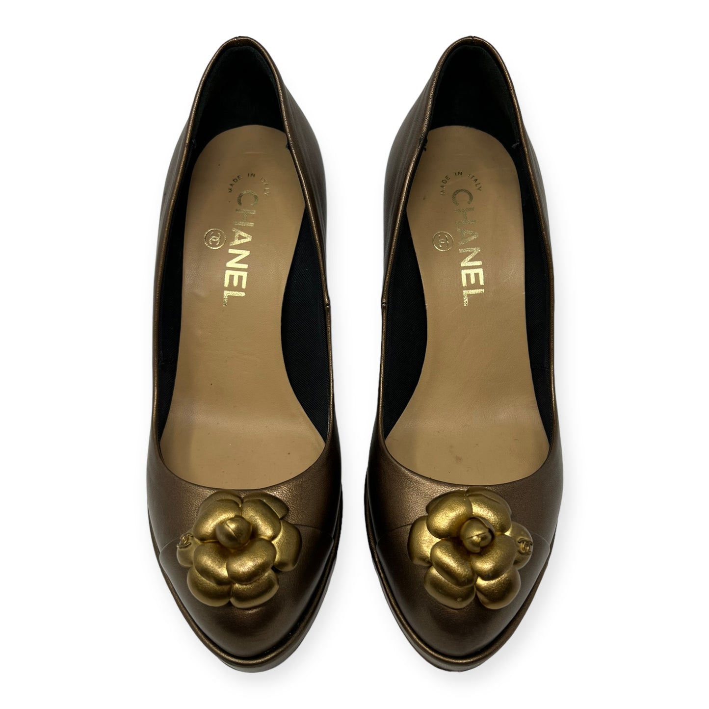 Chanel Camelia Flower CC Logo Bronze Golden Pumps