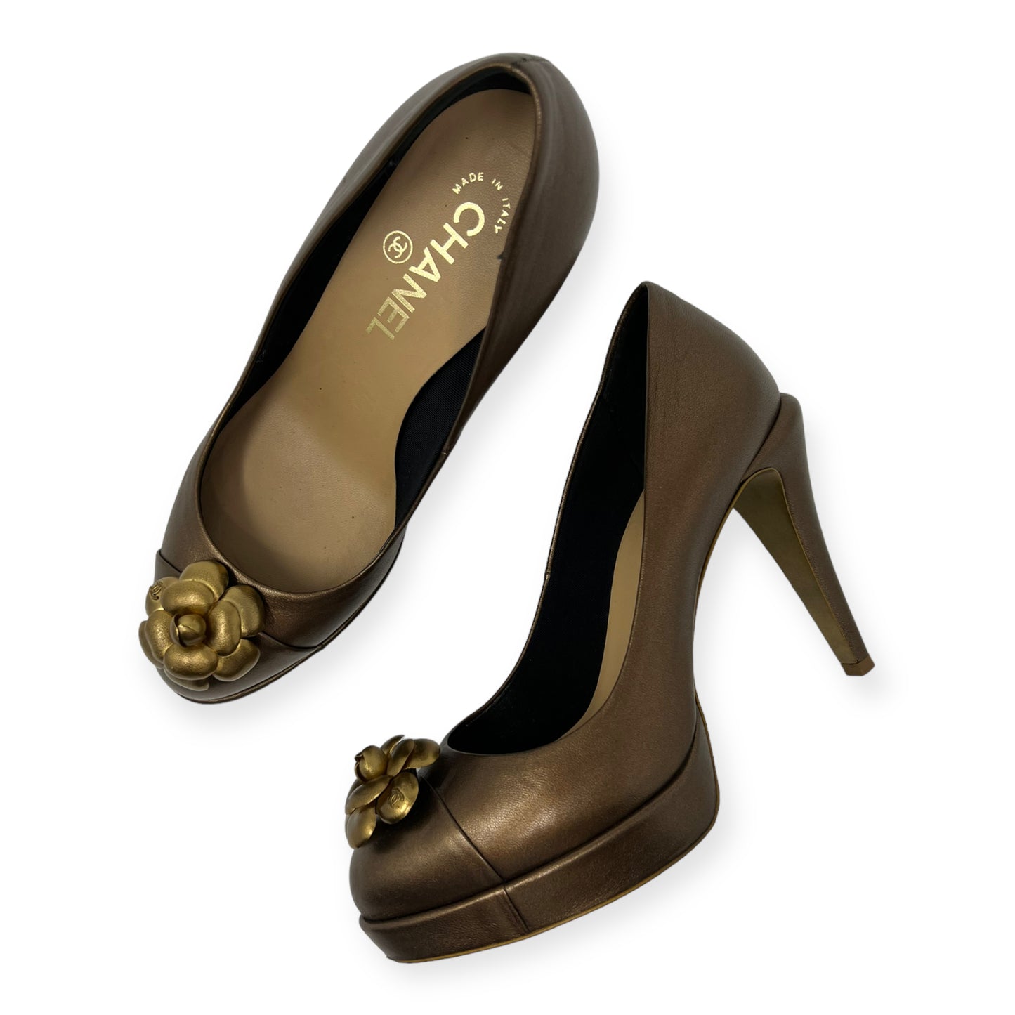 Chanel Camelia Flower CC Logo Bronze Golden Pumps