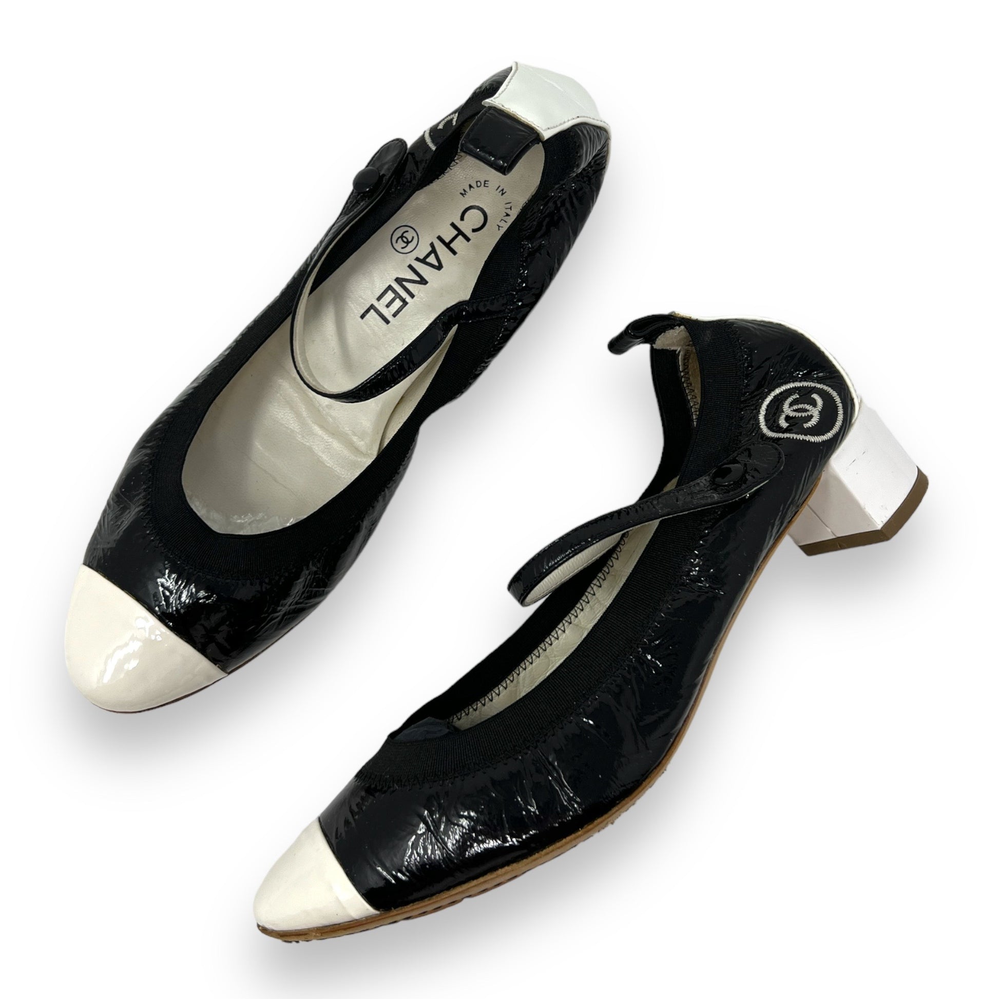 Chanel Patent Leather Black White Cap Toe Heeled Mary Jane Pumps –  rare.labels
