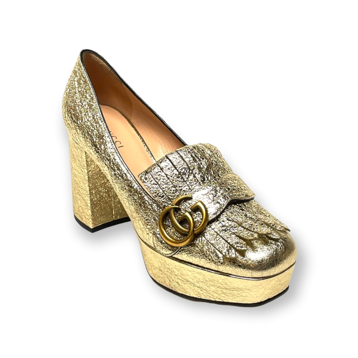 GUCCI Metallic Laminate Goatskin GG Marmont Fringe Platform Loafer Pumps