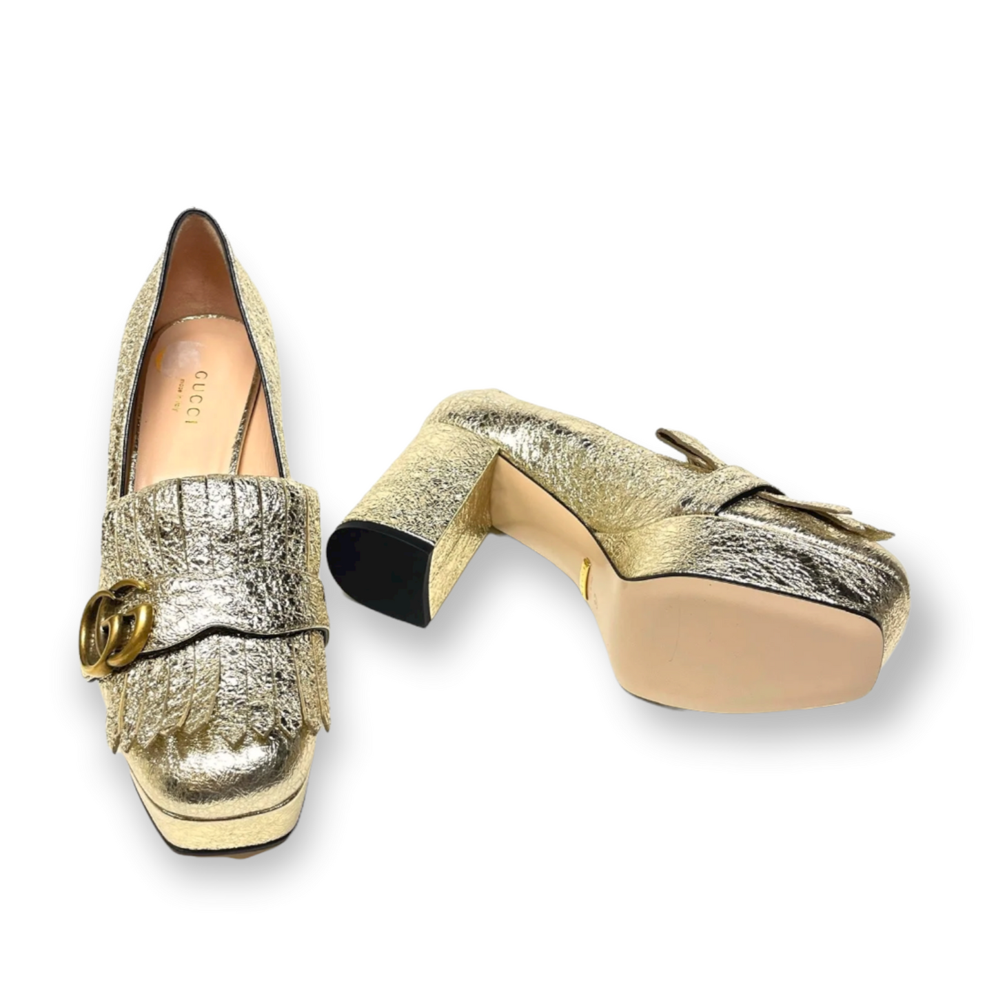 GUCCI Metallic Laminate Goatskin GG Marmont Fringe Platform Loafer Pumps